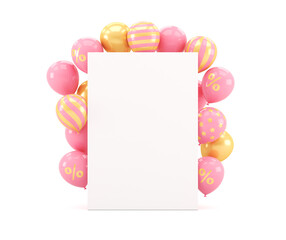 Inflatable pink balloons with gold decor around a white blank stand on a white background. Illustration for ideas. 3d render.