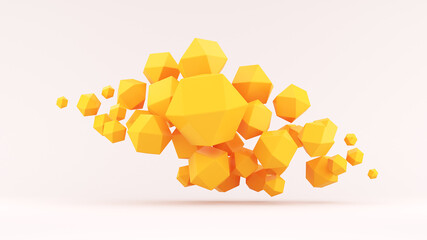Yellow polygonal spheres flying on a white background. 3D rendering. Horizontal banquet.