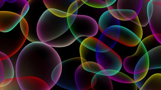 Black background with colorful transparent bubbles in 4k video.