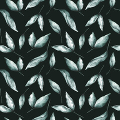 Watercolor green leaves on dark background seamless pattern. Emerald foliage repeat print. Hand drawn botanical ornament.