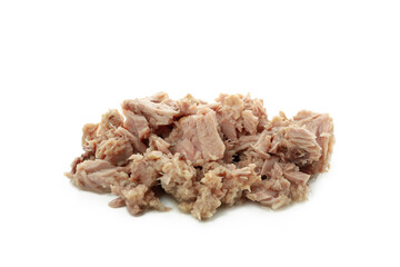 Tasty canned tuna isolated on white background