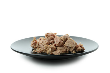 Plate with canned tuna isolated on white background