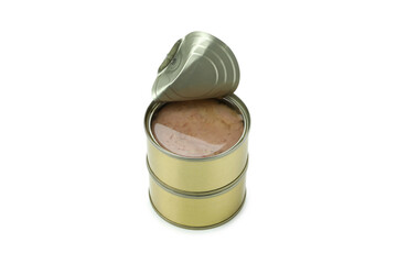 Tins with canned tuna isolated on white background