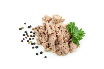 Tasty canned tuna isolated on white background