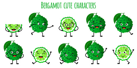 Bergamot citrus fruit cute funny cheerful characters with different poses and emotions. - obrazy, fototapety, plakaty