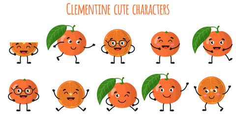 Fototapeta na wymiar Clementine citrus fruit cute funny cheerful characters with different poses and emotions.