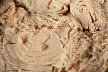 Tasty canned tuna on whole background, close up