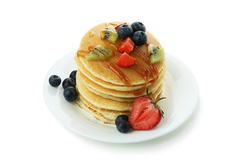 Plate with delicious pancakes isolated on white background