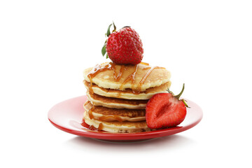 Pancakes with strawberry and caramel isolated on white background