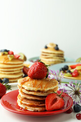 Concept of delicious dessert with pancakes, close up