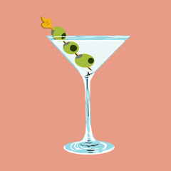 Glass of martini with green olives on skewer. Vector cartoon hand drawn illustration