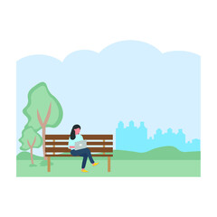 Obraz na płótnie Canvas woman sitting on park bench with laptop