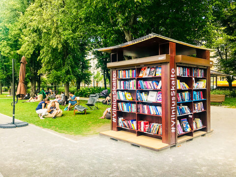 Vilnius, Lithuania -15th june, 2018: Vilniusskaito public bookshelf stop to read on the go in park nature.