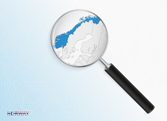 Magnifier with map of Norway on abstract topographic background.