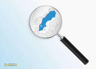 Magnifier with map of Sweden on abstract topographic background.