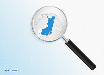 Magnifier with map of Finland on abstract topographic background.
