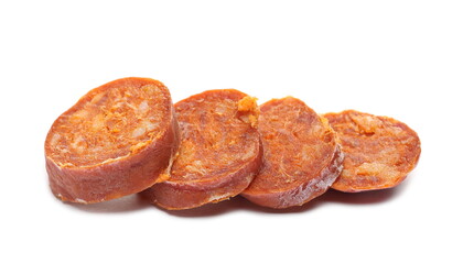 Fermented semi-hard dried spicy sausage slices, pig meat isolated on white background