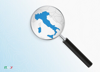 Magnifier with map of Italy on abstract topographic background.
