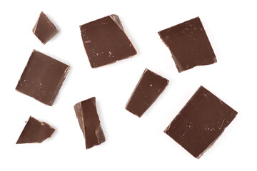 Chocolate bar pieces, chunks isolated on white background, top view