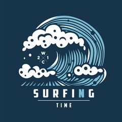Hawaii surfing wave with foam for print. Logo of summer marine tide. Wavy sea or ocean for nautical t-shirt design