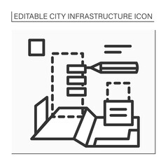 Planning city icon. Technical process of development and design of land use. House plan. Home blueprint. Outline drawing. City infrastructure concept. Isolated vector illustrations. Editable stroke