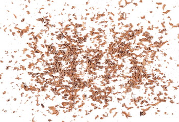 Grated chocolate shavings pile, flakes isolated on white background, top view