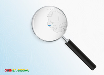 Magnifier with map of Guinea-Bissau on abstract topographic background.