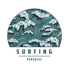 Surfing hawaii wave with foam for paradise print. Logo of summer marine tide. Wavy sea or ocean for nautical t-shirt design