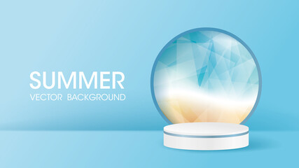 White pedestal or podium with crystal beach on blue background for product demonstration.  Vector illustration.