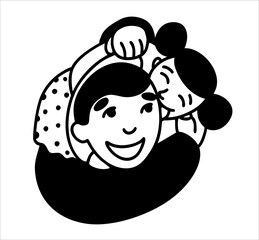 Dad and baby are playing. The father holds the mischievous daughter in his arms and hugs her tightly. Fun communication of the father and the child. Illustration in black and white, on an isolated