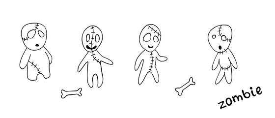 Vector cute zombies in cartoon style. Outline doodle illustration isolated on white background. Halloween elements of design