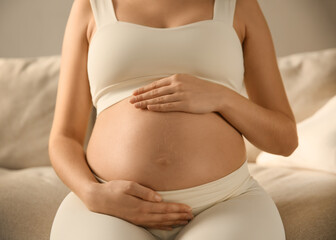 Fototapeta na wymiar Pregnant woman touching her belly indoors, closeup