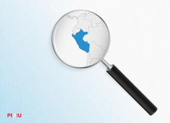Magnifier with map of Peru on abstract topographic background.