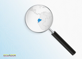 Magnifier with map of Ecuador on abstract topographic background.