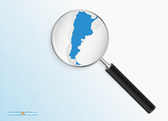 Magnifier with map of Argentina on abstract topographic background.