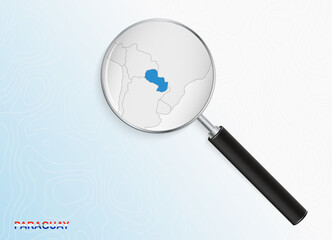 Magnifier with map of Paraguay on abstract topographic background.
