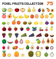 Pixel fruits set. Pixel art fruits huge vector collection. Pixel fruits and berries Design for game, app, sticker. Big set of pixel art fruits icon in 8 bit retro style. Web or game icons collection.