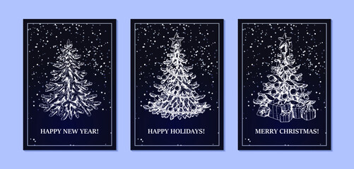 Set of Merry Christmas and Happy New Year designs with hand drawn Christmas tree and snow on dark blue background. Vector illustration