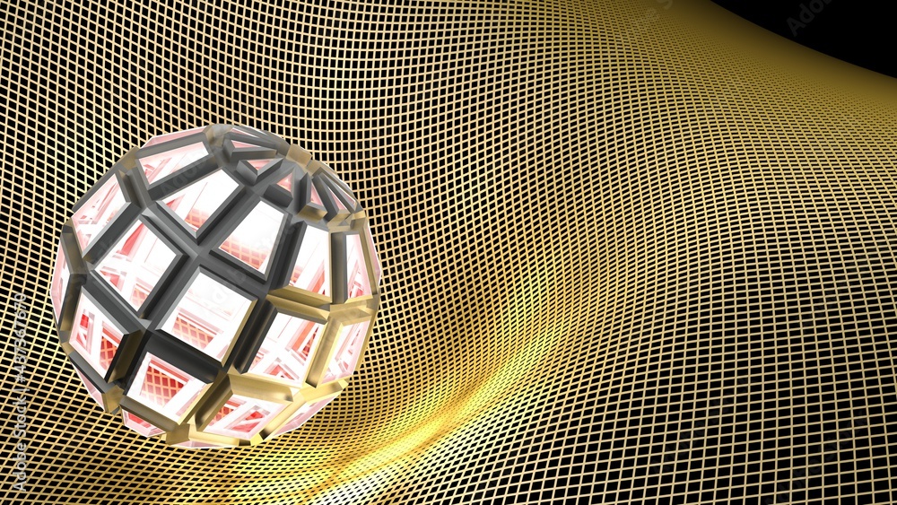 Poster abstract embossed sphere illuminating a yellow grid on black background - 3d rendering illustration