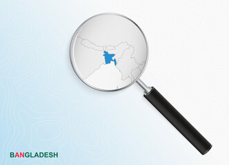 Magnifier with map of Bangladesh on abstract topographic background.