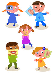 Fototapeta premium Cartoon children showing five senses. Sight, Hearing, Taste, Smell and Touch. Vector illustration