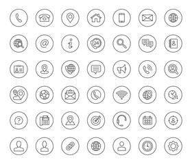 Set of 42 line contact icons in circle shape. Black vector symbols.