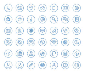 Set of 42 line contact icons in circle shape. Blue vector symbols.