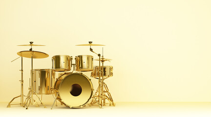 Fototapeta na wymiar gold drum kit on yellow wall