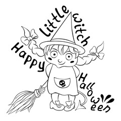 Cute little girl in costume of witch drawn in cartoon doodle style. Vector outline illustration isolated on white background. For coloring book page, halloween design, greeting card