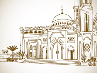 Beautiful muslim mosque in Egypt. Nice Egyptian landscape. Hand drawn sketch. Sepia colour Urban background. Vintage postcards style.