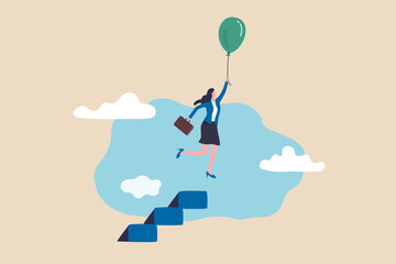 Woman leadership to overcome struggle, female power to break boundary or limitation, freedom and opportunity concept, success businesswoman flying with air balloon from top of ladder or stairway. © Nuthawut