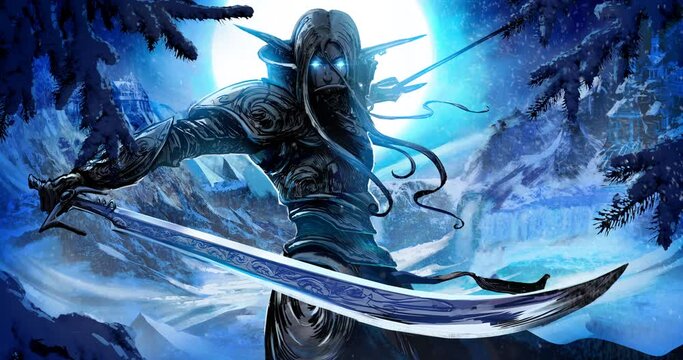 A handsome dark elf warrior with two curved blades stands against the backdrop of a huge winter moon, ready for battle, his eyes glowing with blue magical light. 2D animated looped illustration