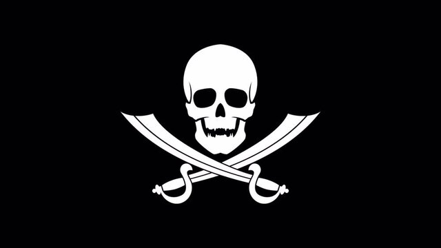 Jolly Roger. Skull with crossed sabers. Pirate skull. Glitch effect. Alpha channel.