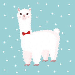 Cute llama or alpaca with a mans bow tie on a blue background with stars. Vector illustration for baby texture, textile, fabric, poster, greeting card, decor.
